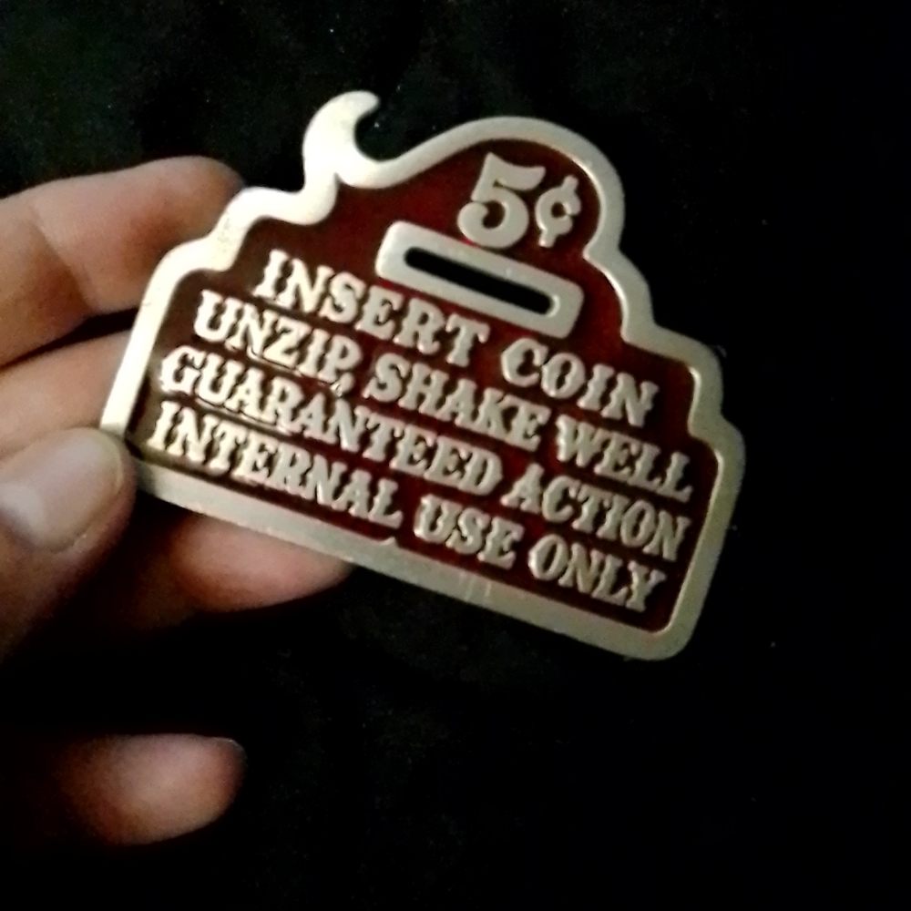 Vintage Red Silver Words Coin Slot Metal Buckle 1979